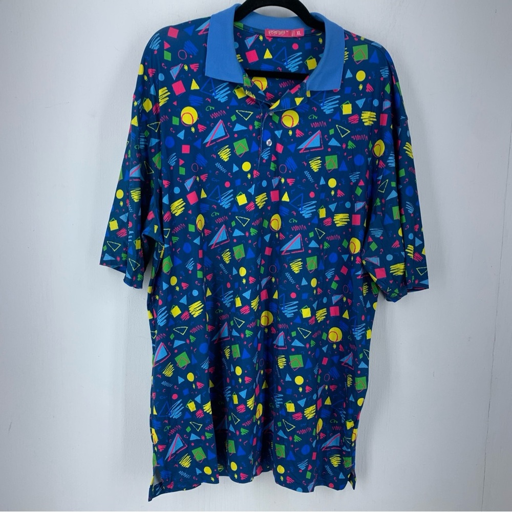 Roadies Mens XL Golf Polo Shirt Multicolor Geometric Short Sleeve 90’s Retro